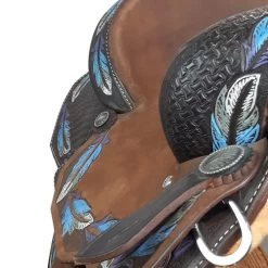 Alamo Saddlery Feather Barrel Saddle -Horse Gear Shop feather barrel brown blue detail FEATHER alamo 36570.1650659582